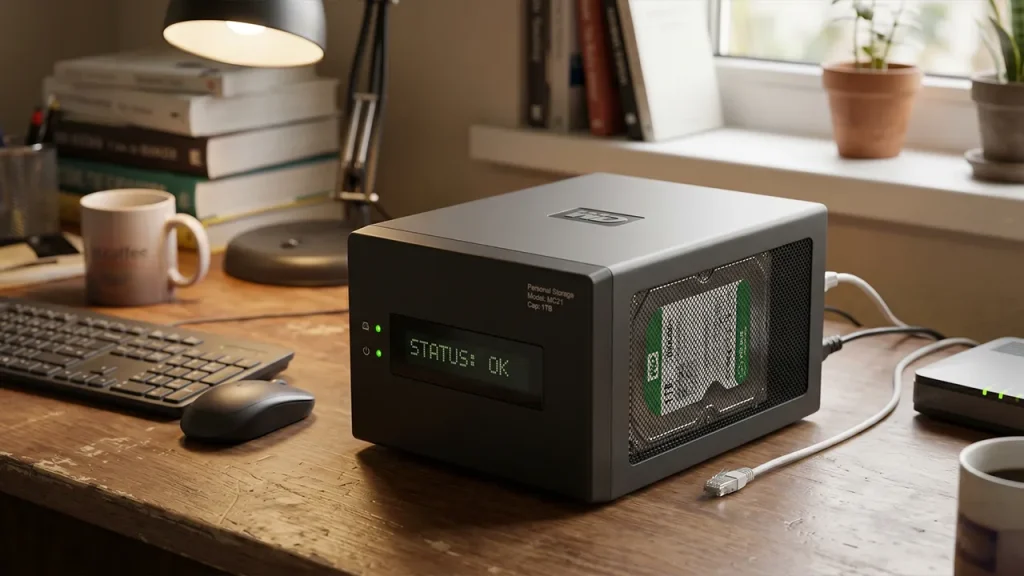 servidor raid para microempresario, sobre una mesa con el estatus en verde o funcionando sin problema.